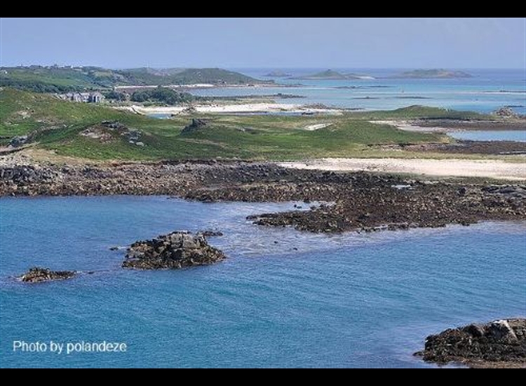 Looking over St Helen's Gap and East Gap Rock to Tean and Lower town on St Martins upper left.